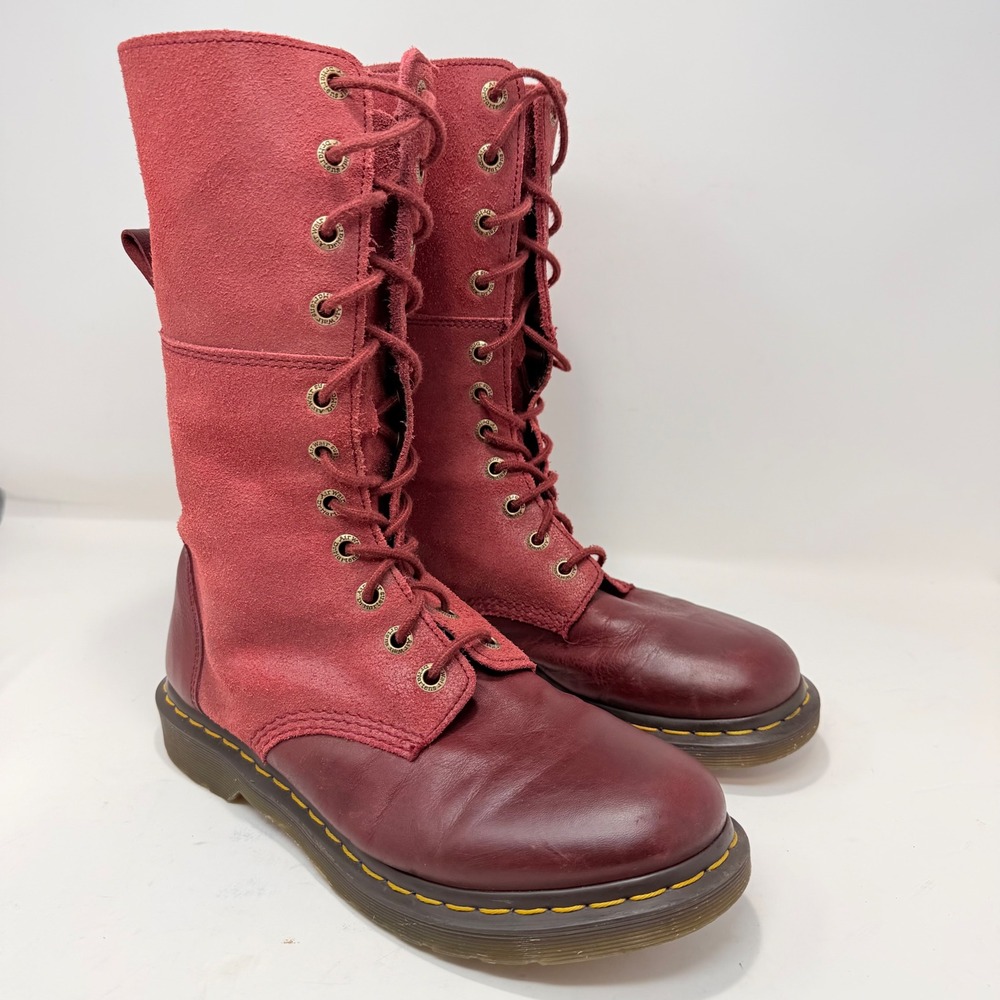 Dr Martens Womens Burgundy Leather Red Suede Tall Lace Up Boots Size 10